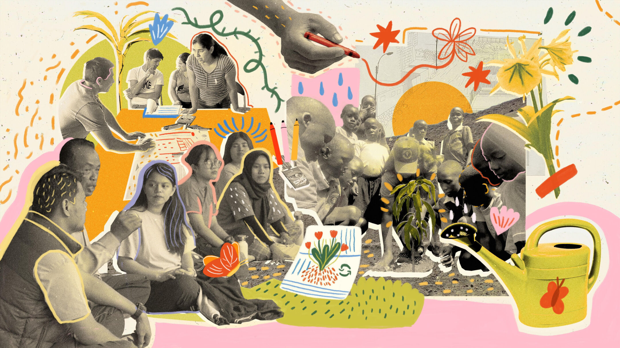 Groups of young people working together