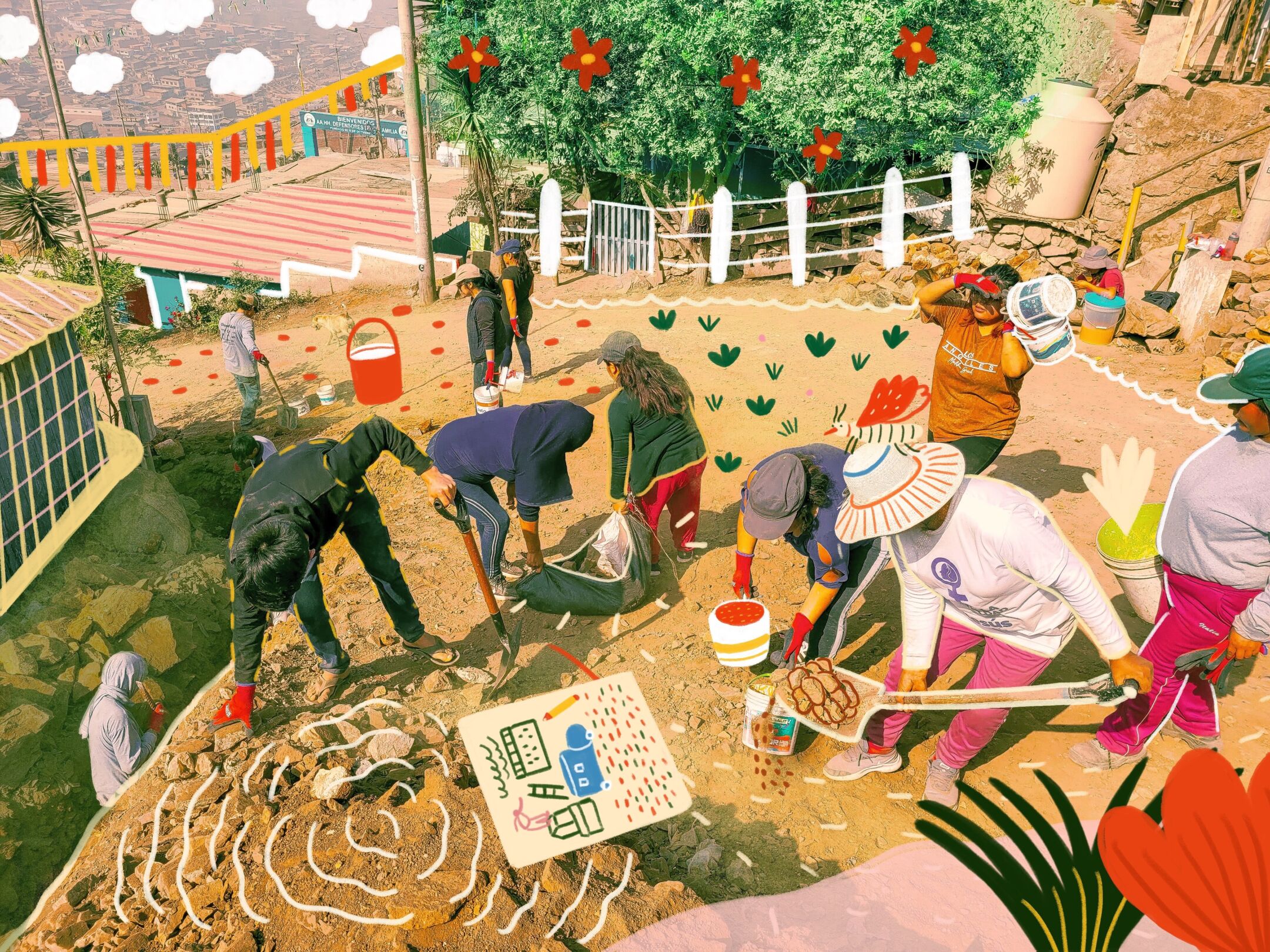 A group of community members, including men and women, work together outdoors on the first day of constructing a retaining wall along a dirt pathway. Some dig, others move stones, all contributing to the collective effort under the daylight.