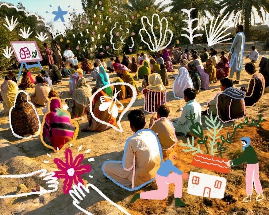 A group of young people sitting on the ground in front of a large tree, enjoying a gathering outdoors.