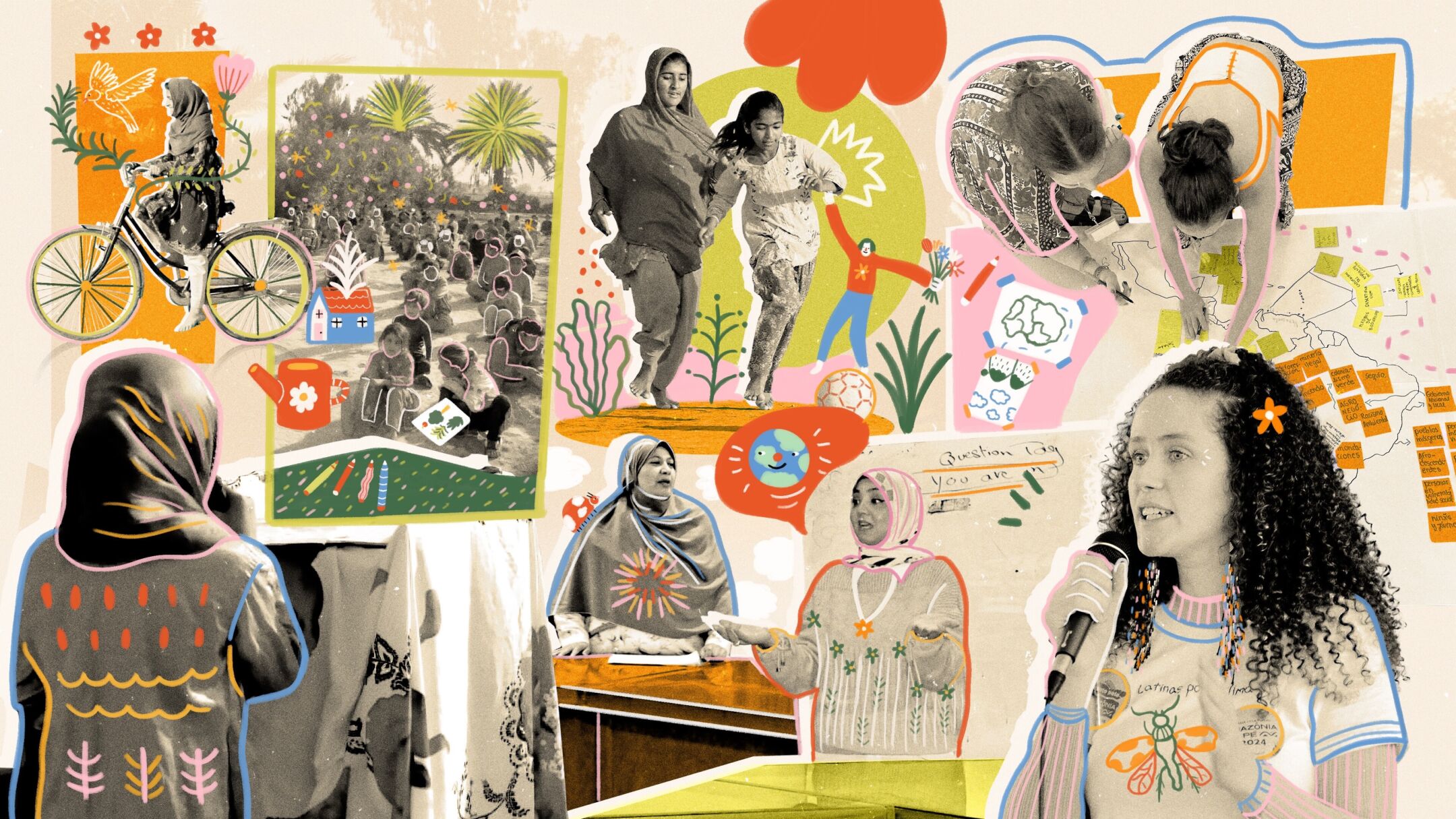 A vibrant collage of women and girls, highlighting their strength, diversity, and shared experiences in different settings.