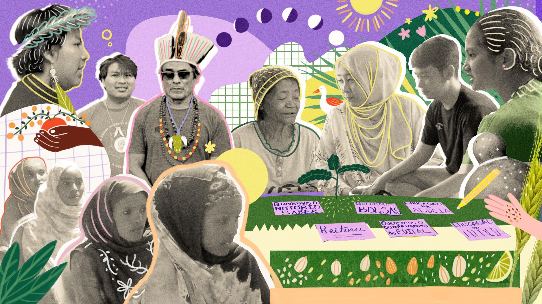 A diverse group of Indigenous young people gathered around in intergenerational dialogue.