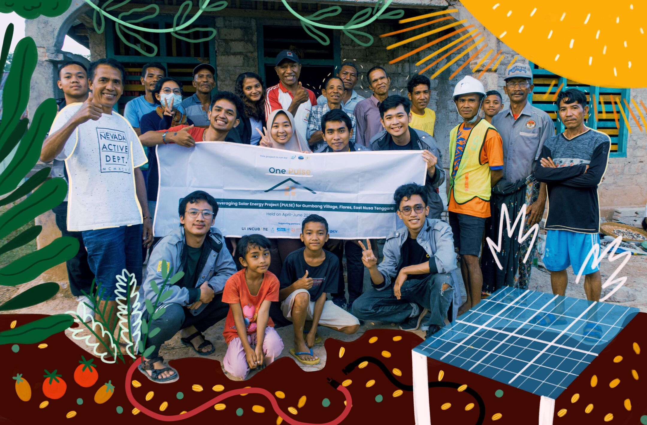 A group of young people from One Pulse collective gathered outdoors, smiling and standing around a solar panel.