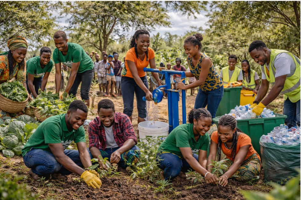 Group of young people working together.