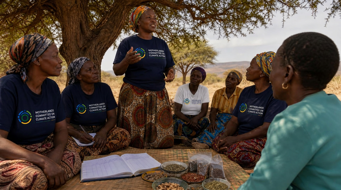 Women farmers in Motherlands branded shirts meeting under an acacia tree to plan climate action