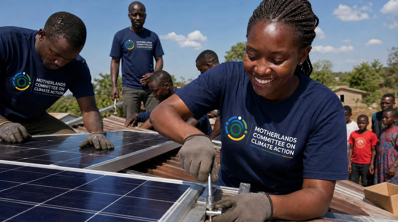 Community technicians in Motherlands branded shirts installing solar panels on a rural rooftop