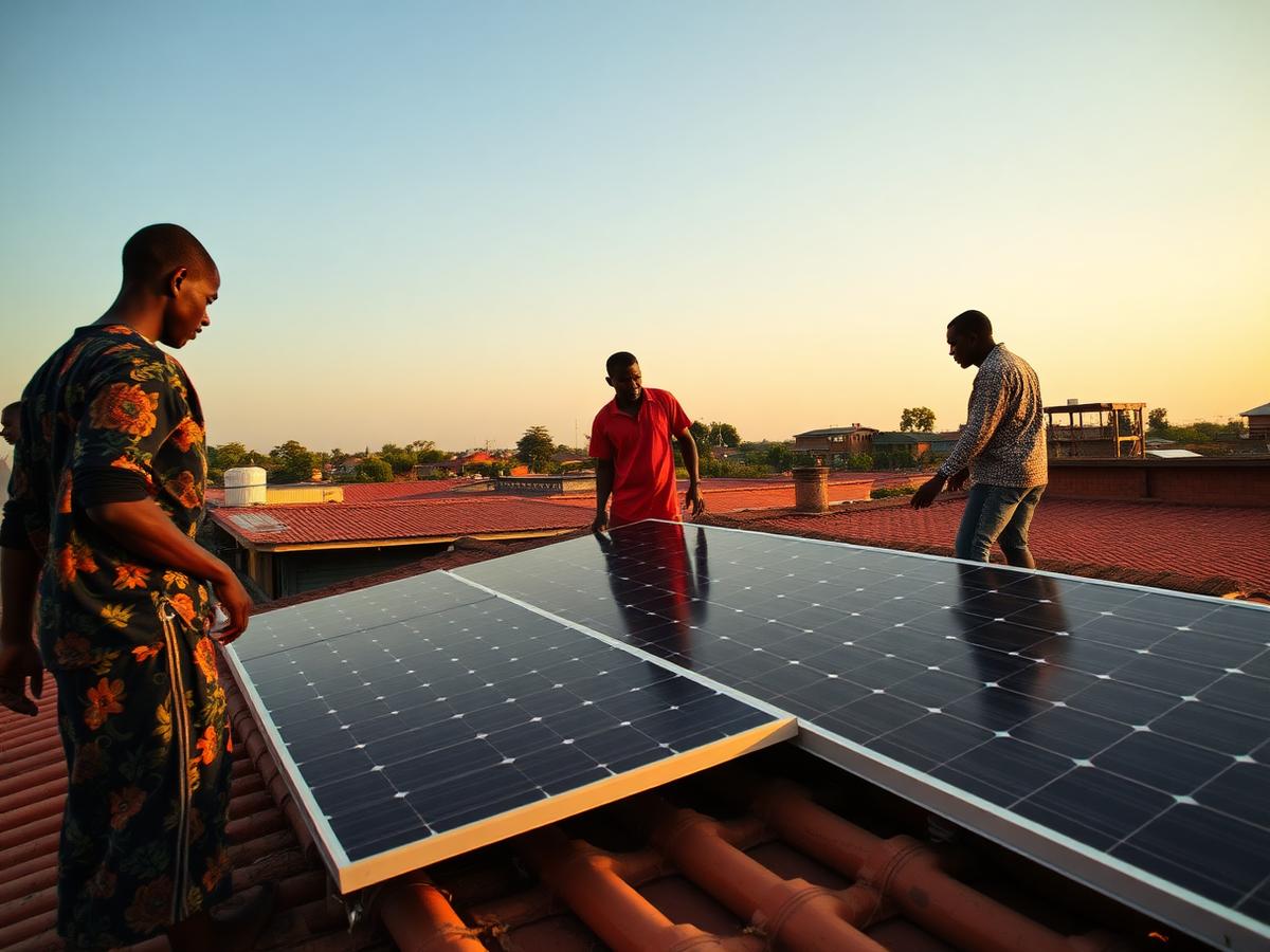 Community members installing solar panels on a rooftop