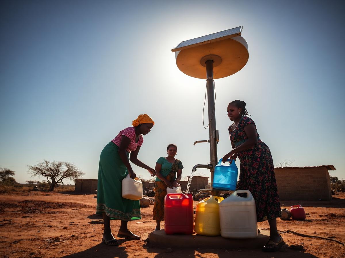 Women collecting water from a solar-powered borehole in an arid village